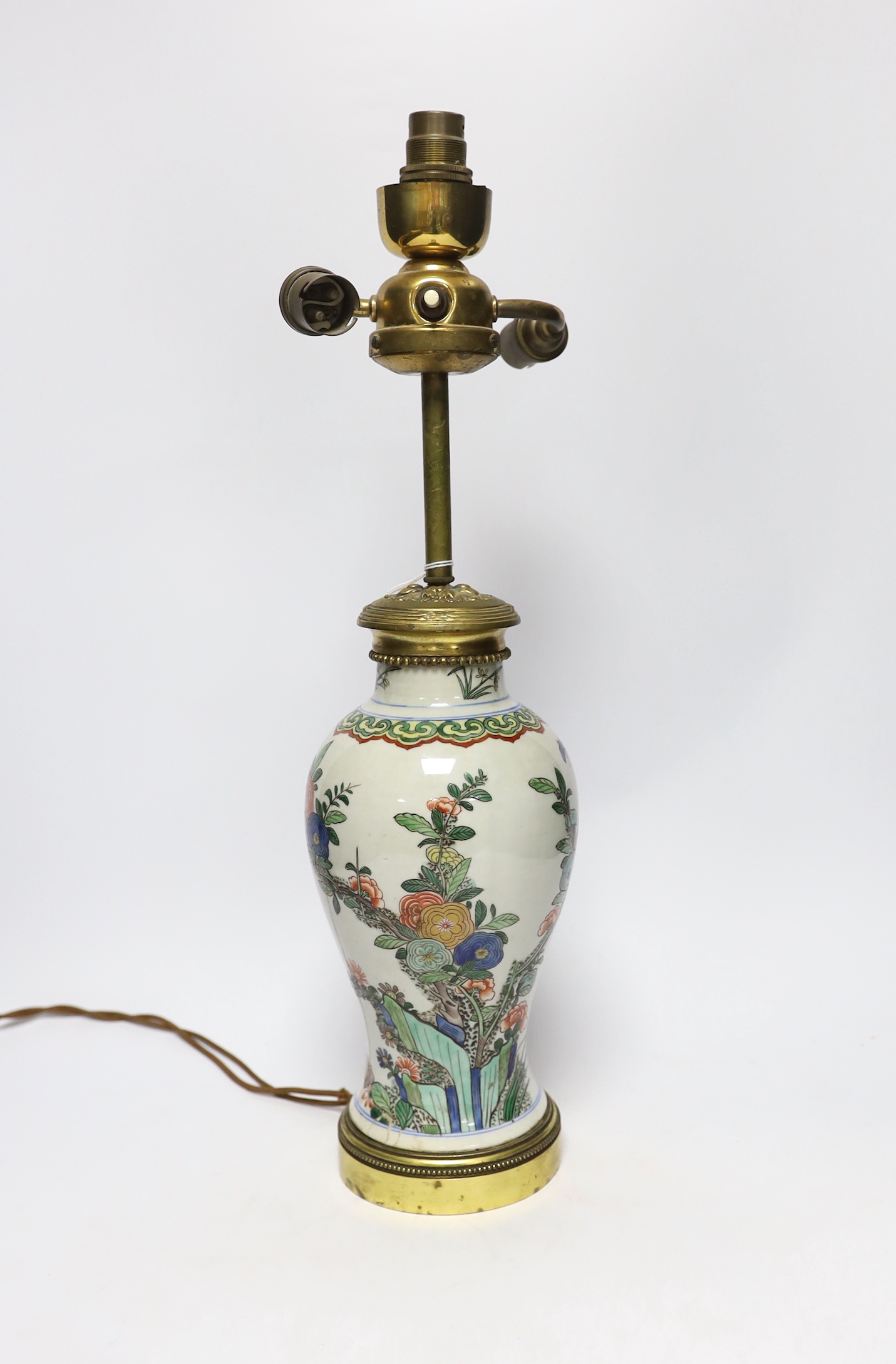 A Samson Chinese style famille verte and ormolu mounted lamp, 48cm high including light fitting